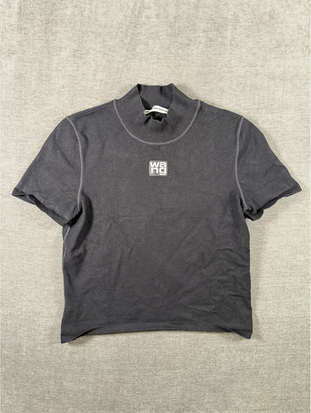 Alexander Wang Black Short Sleeve Mock Neck Top with Logo Patch, Size Medium